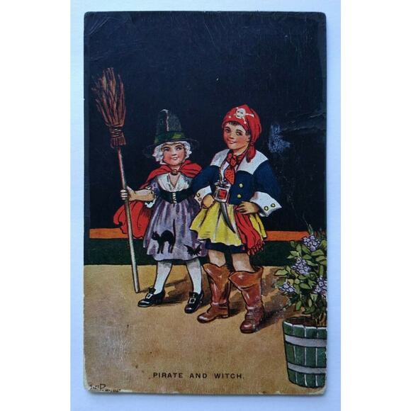 Halloween Postcard C W Faulkner & Co Ltd Pirate And Witch 1674 London Vintage - Picture 2 of 4